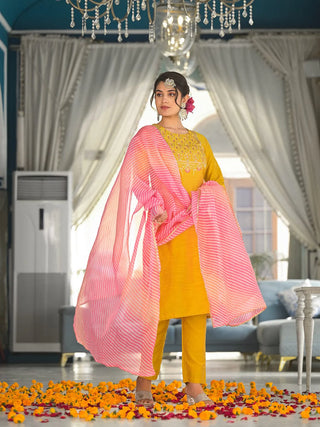 Yellow Silk Blend Yoke Embroidered Suit Set with Leheriya Dupatta