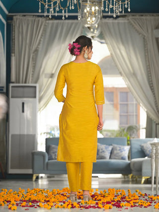 Yellow Silk Blend Yoke Embroidered Suit Set with Leheriya Dupatta