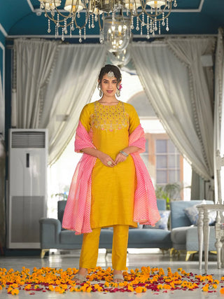 Yellow Silk Blend Yoke Embroidered Suit Set with Leheriya Dupatta