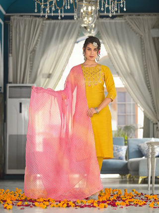 Yellow Silk Blend Yoke Embroidered Suit Set with Leheriya Dupatta