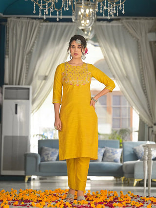 Yellow Silk Blend Yoke Embroidered Suit Set with Leheriya Dupatta