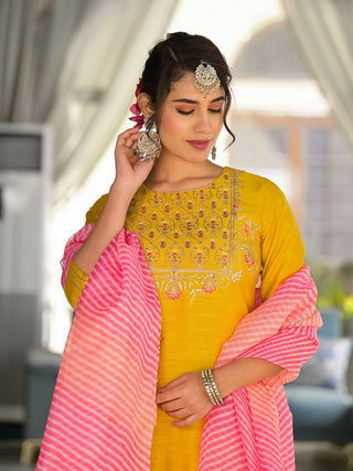 Yellow Silk Blend Yoke Embroidered Suit Set with Leheriya Dupatta