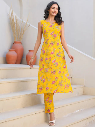 Yellow Pure Cotton Floral Print Kurta Bottom Set