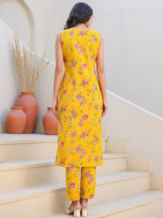 Yellow Pure Cotton Floral Print Kurta Bottom Set