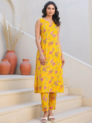 Yellow Pure Cotton Floral Print Kurta Bottom Set