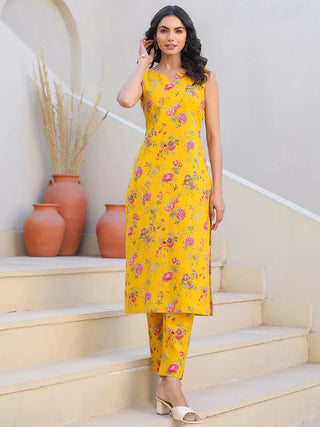 Yellow Pure Cotton Floral Print Kurta Bottom Set