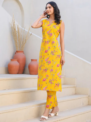 Yellow Pure Cotton Floral Print Kurta Bottom Set