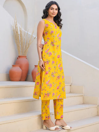 Yellow Pure Cotton Floral Print Kurta Bottom Set