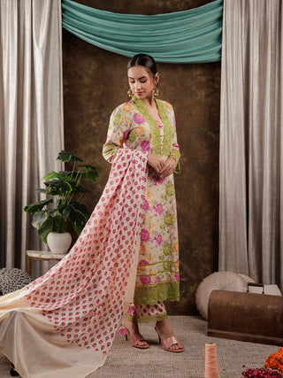 Yellow Cotton Floral Print & Lace Work Suit Set with Voile Dupatta