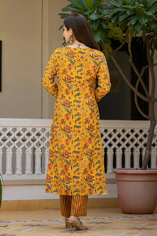 Yellow Rayon Blend Floral Print Straight Shape Kurta with Cotton Blend Bottom & Dupatta