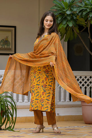 Yellow Rayon Blend Floral Print Straight Shape Kurta with Cotton Blend Bottom & Dupatta