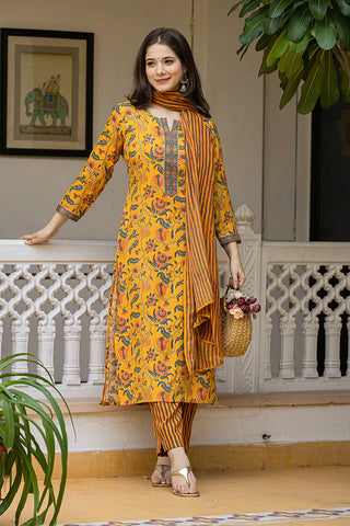 Yellow Rayon Blend Floral Print Straight Shape Kurta with Cotton Blend Bottom & Dupatta