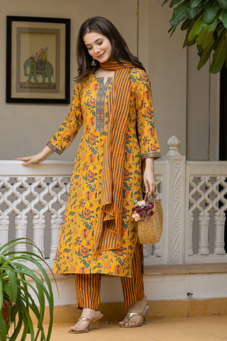 Yellow Rayon Blend Floral Print Straight Shape Kurta with Cotton Blend Bottom & Dupatta