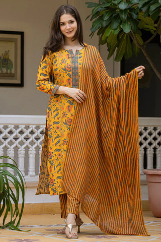 Yellow Rayon Blend Floral Print Straight Shape Kurta with Cotton Blend Bottom & Dupatta