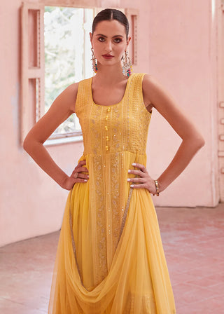 Yellow Georgette Zari Embroidered Front Slit Suit Set with Net Dupatta