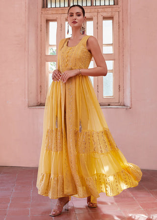 Yellow Georgette Zari Embroidered Front Slit Suit Set with Net Dupatta