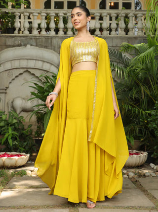 Yellow Georgette Sequined Detailing Sharara Set with Cape