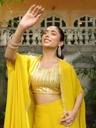 Yellow Georgette Sequined Detailing Sharara Set with Cape