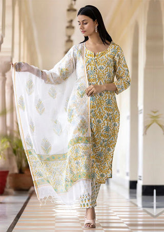 Yellow Cotton Hand block Print Suit Set with Kota Doria Dupatta