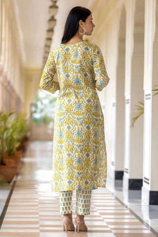 Yellow Cotton Hand block Print Suit Set with Kota Doria Dupatta