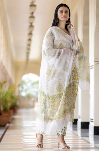 Yellow Cotton Hand block Print Suit Set with Kota Doria Dupatta