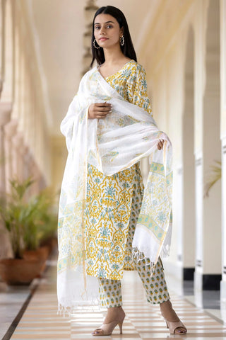 Yellow Cotton Hand block Print Suit Set with Kota Doria Dupatta