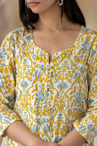 Yellow Cotton Hand block Print Suit Set with Kota Doria Dupatta