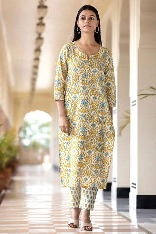 Yellow Cotton Hand block Print Suit Set with Kota Doria Dupatta