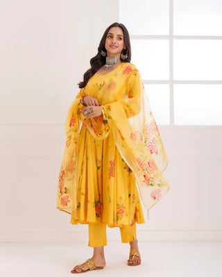 Organza Yellow Hand Painted Anarkali Suit Set with Dupatta