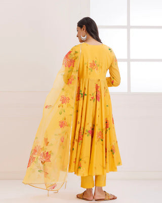 Organza Yellow Hand Painted Anarkali Suit Set with Dupatta