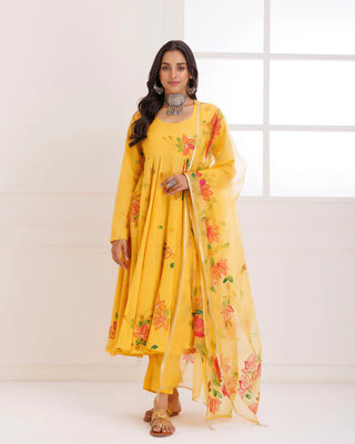 Organza Yellow Hand Painted Anarkali Suit Set with Dupatta