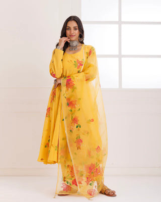 Organza Yellow Hand Painted Anarkali Suit Set with Dupatta