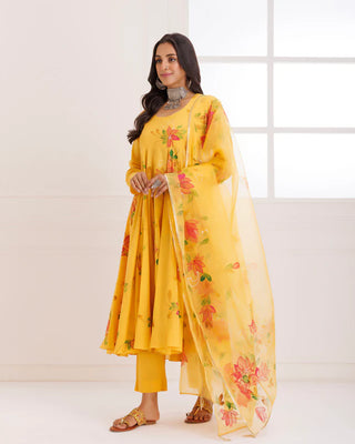 Organza Yellow Hand Painted Anarkali Suit Set with Dupatta