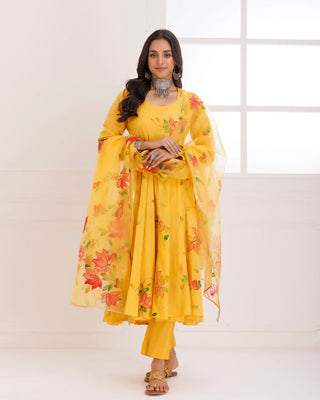 Organza Yellow Hand Painted Anarkali Suit Set with Dupatta