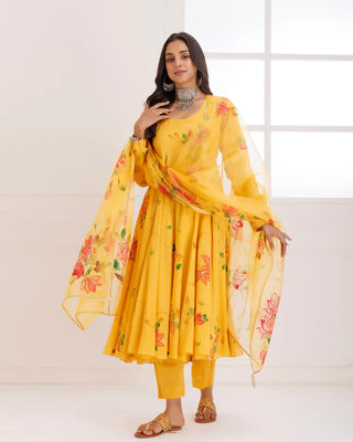 Organza Yellow Hand Painted Anarkali Suit Set with Dupatta