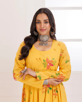 Organza Yellow Hand Painted Anarkali Suit Set with Dupatta