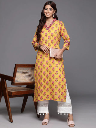 Yellow Floral Printed Embroidered Kurta