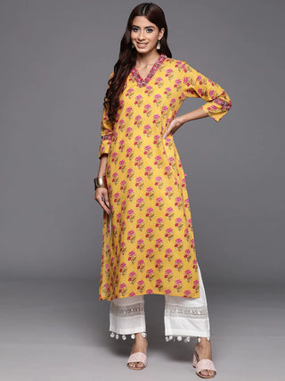 Yellow Floral Printed Embroidered Kurta