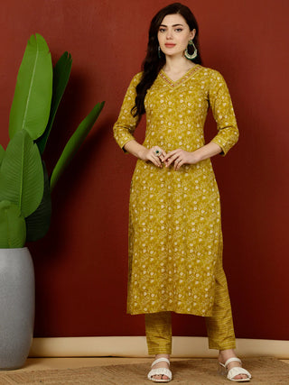 Mustard Pure Cotton Printed Kurta Bottom Set