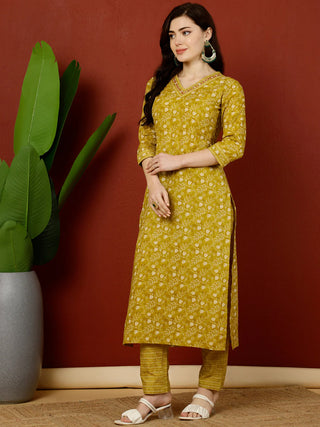 Mustard Pure Cotton Printed Kurta Bottom Set
