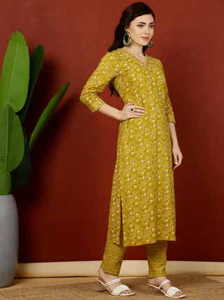 Mustard Pure Cotton Printed Kurta Bottom Set