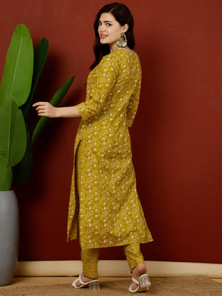 Mustard Pure Cotton Printed Kurta Bottom Set
