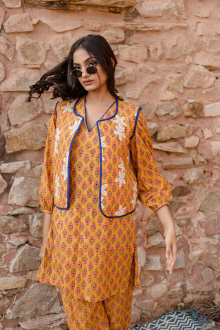 Mustard Kurta Set With Embroidered Quilted Jacket