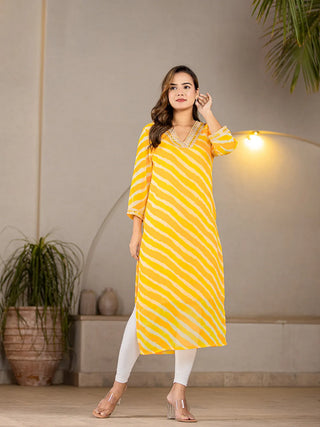 Yellow Poly Georgette Striped Leheriya Print A Line Kurta