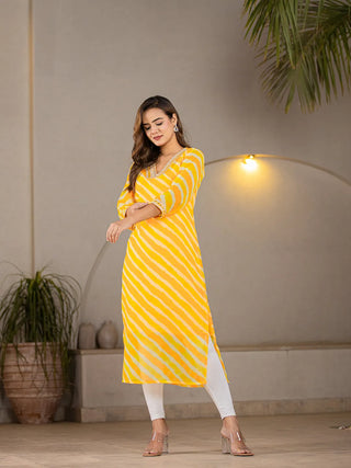 Yellow Poly Georgette Striped Leheriya Print A Line Kurta