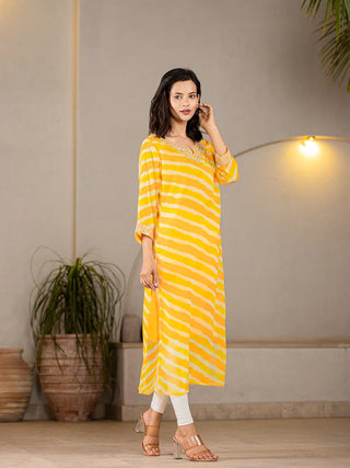 Yellow Poly Georgette Striped Leheriya Print A Line Kurta