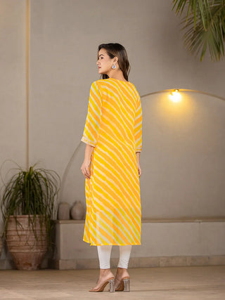 Yellow Poly Georgette Striped Leheriya Print A Line Kurta