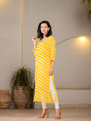 Yellow Poly Georgette Striped Leheriya Print A Line Kurta