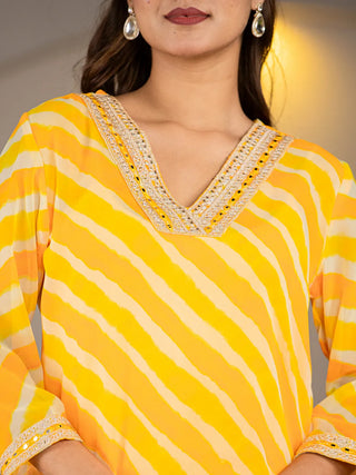 Yellow Poly Georgette Striped Leheriya Print A Line Kurta