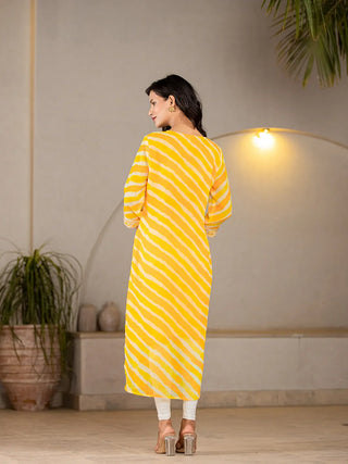 Yellow Poly Georgette Striped Leheriya Print A Line Kurta